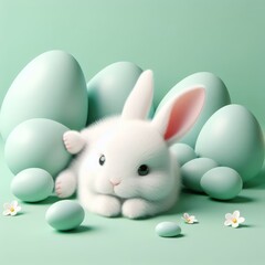 Cute fluffy white Easter bunny is lying among the eggs on a pastel green background. Easter holiday concept in minimalism style. Fashion monochromatic   composition. Copy space for design.