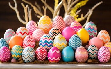 Fototapeta na wymiar Easter eggs, nests and flowers background