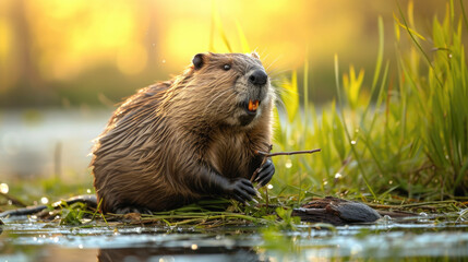 Beaver Chewing on a Branch by the Water at Sunset