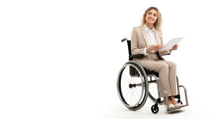 handicapped person in formal wear sitting with laptop on wheelchair, isolated over white studio background.  woman enjoy working holding paper with copy space