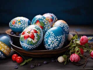 Obraz na płótnie Canvas Easter eggs, nests and flowers background