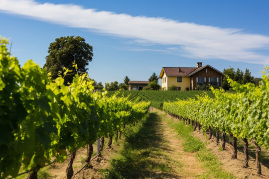 Vineyard in Summer with Farmhouse.