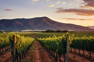 Fototapeta premium Vineyard Rows at Sunset with Mountain Backdrop.