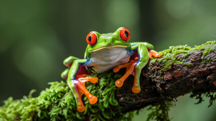 Naklejka premium Red-eyed Tree Frog Perching on a Branch in a Rainforest