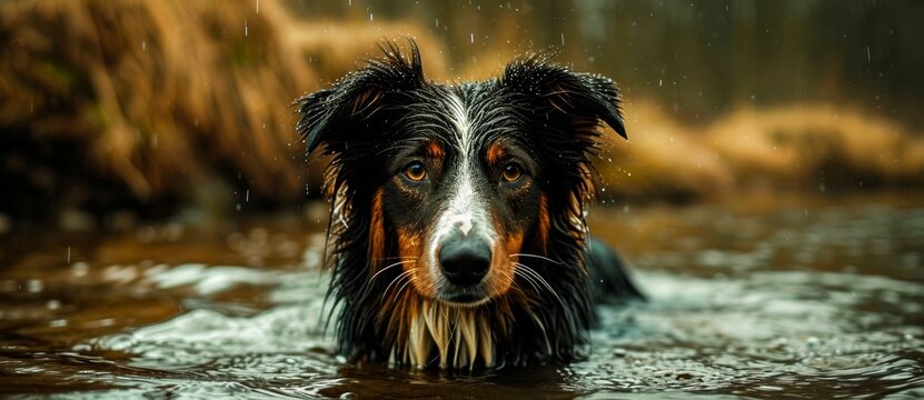 A soaking wet dog of a specific breed enjoying a refreshing swim in the great outdoors