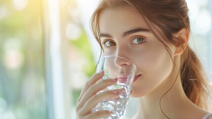 young woman is drinking a glass cup of water in the morning,  Health, wellness © Kate Mova