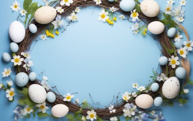 Naklejka na ściany i meble Easter eggs, nests and flowers background