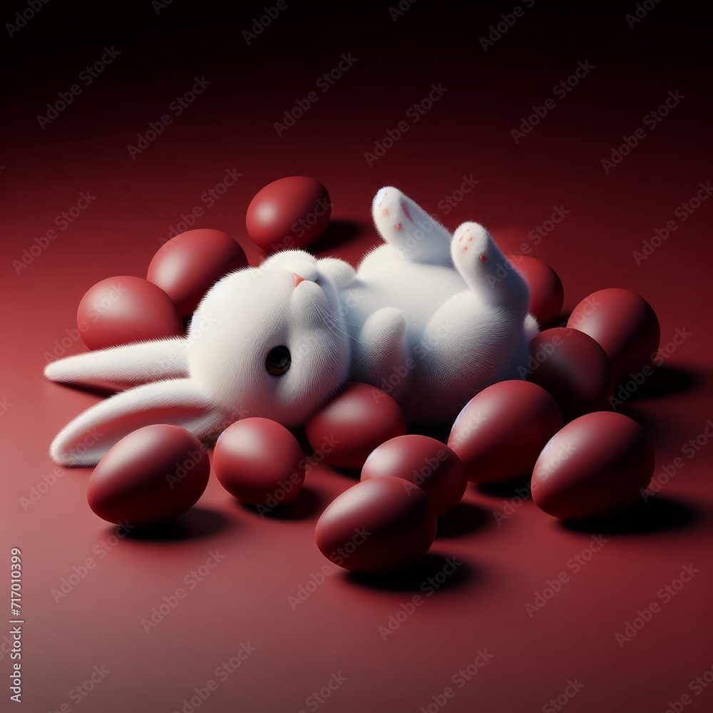 Wall mural Cute fluffy white Easter bunny is lying among the eggs on a dark red background. Easter holiday concept in minimalism style. Fashion monochromatic   composition. Copy space for design.