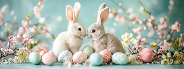 two rabbits and colorful eggs, Easter concept