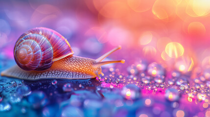 Macro shot a snail, in bright colors with water drops, extreme close-up