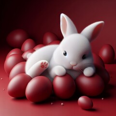 Cute fluffy white Easter bunny is lying among the eggs on a dark red background. Easter holiday concept in minimalism style. Fashion monochromatic   composition. Copy space for design.