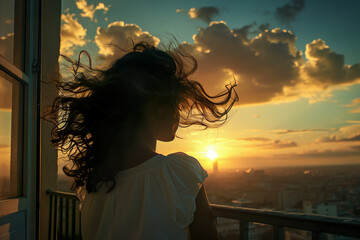 girl sitting on a balcony, watching the sunset, with her hair blowing in the wind