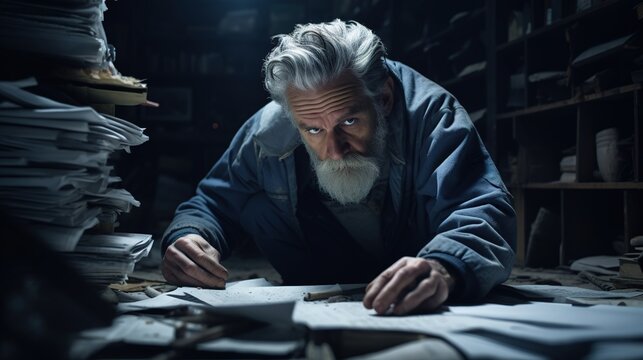 Old skinny janitor with long, gray hair.  Economic problems. Work overalls, examining paper inside a dark and messy storage room, cinematic.
