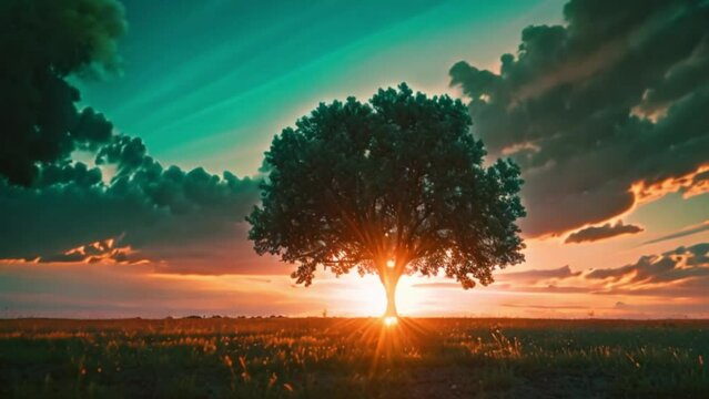 one tree growing under the sunset background