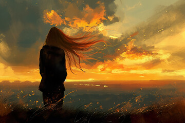 girl standing on a hill, watching the sunset, with her hair blowing in the wind - obrazy, fototapety, plakaty