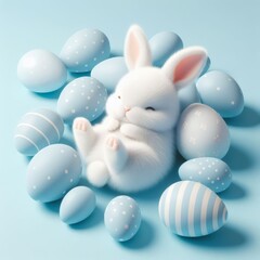 Fototapeta premium Cute fluffy white Easter bunny is lying among the eggs on a pastel blue background. Easter holiday concept in minimalism style. Fashion monochromatic composition. Copy space for design.