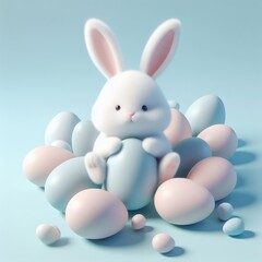 Cute fluffy white Easter bunny is lying among the eggs on a pastel blue background. Easter holiday concept in minimalism style. Fashion monochromatic   composition. Copy space for design.