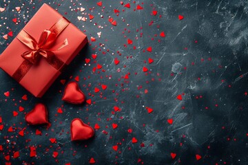 Close up red gift on gray background among heart-shaped confetti with copy space. Valentine's day, romance, love, wedding anniversary concept