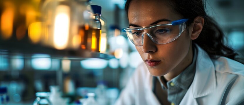 A focused woman donning safety glasses studies a test tube in an indoor laboratory, her determined expression and protective gear hinting at the precision and importance of her work in the field of c