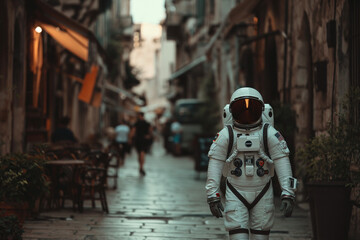 human in a space suit walkking in a old city