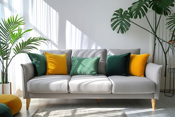 living room in minimalist cozy Scandinavian style with grey sofa, tropical plant, green and yellow pillows