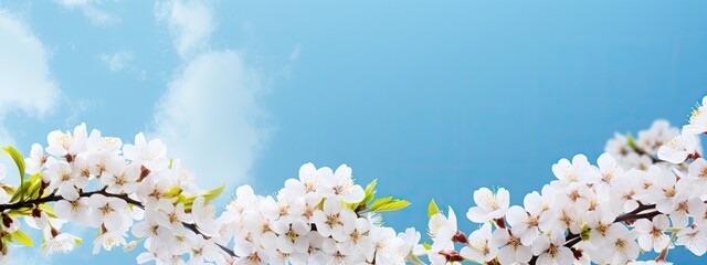 Branches of blossoming cherry background with blue sky, spring banner panorama, copy space
