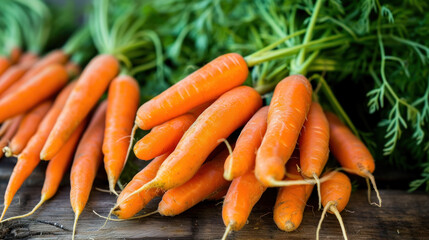 Bunch of organic dirty carrot in garden on soil ground. Carrots fresh harvest.
