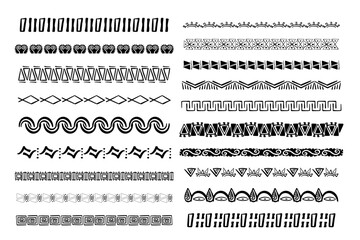 Set aztec tribal motive border in doodle hand drawn style from geometrical shapes isolated on white background. boho scandinavian srtoke, traditional native decor. - obrazy, fototapety, plakaty