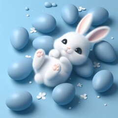 Cute fluffy white Easter bunny is lying among the eggs on a pastel purple background. Easter holiday concept in minimalism style. Fashion monochromatic   composition. Copy space for design.