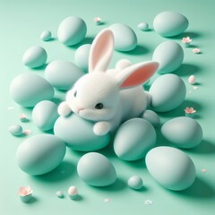 Cute fluffy white Easter bunny is lying among the eggs on a pastel mint background. Easter holiday concept in minimalism style. Fashion monochromatic   composition. Copy space for design.