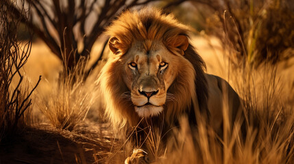 Lion sitting on the Savanah, majestic, king of the jungle
