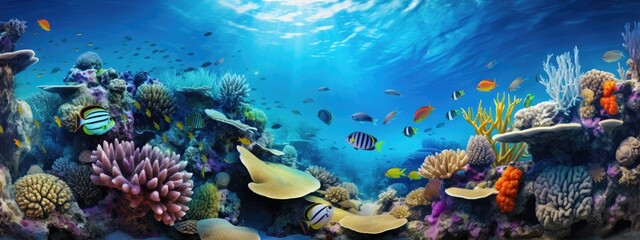Naklejka na ściany i meble Underwater coral reef and sea life, beautiful vibrant, colorful sea and fish, diving and biodiversity concept