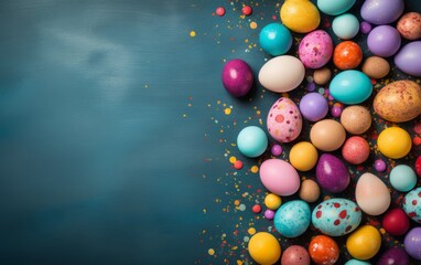 Fototapeta na wymiar Easter eggs in the nests and spring flower background with Copy Space