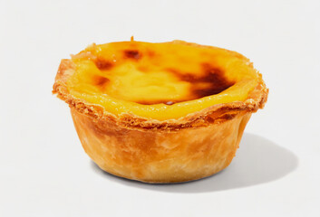 One Portuguese Pastel de Nata pie with custard and cinnamon sticks on a white plate. Pastel de Belem is an iconic cup-shaped pastry with a burnt top and a crispy puff pastry crust. Sweet dessert.