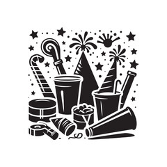 Whirlwind Whispers: Party Hat and Noise Maker Silhouettes Whispering the Joyous Language of Celebration - Party Hat and Noise Maker Illustration - Noise Maker Vector

