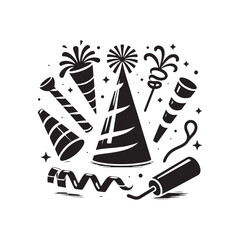 Whimsical Whirlwind: Party Hat and Noise Maker Silhouettes Whirling in a Whimsical Celebration - Party Hat and Noise Maker Illustration - Noise Maker Vector
