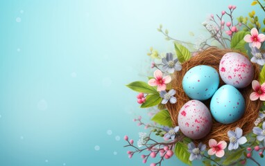 Obraz na płótnie Canvas Easter eggs, nests and flowers background