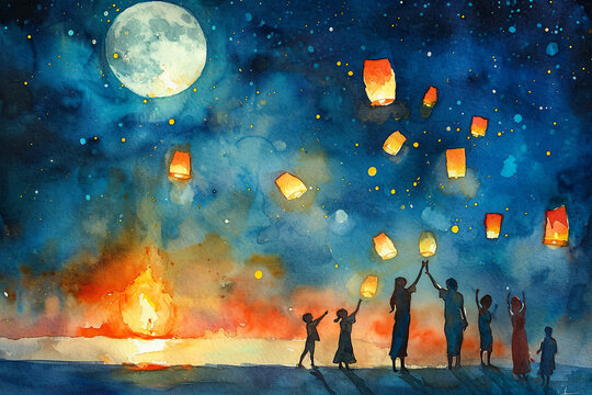 magical watercolor painting of a group of people releasing lanterns into the sky