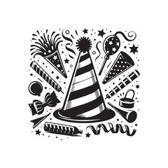 Radiant Revelry: Silhouetted Party Hat and Noise Maker Illustration Illuminating the Atmosphere of Celebration - Party Hat and Noise Maker Illustration - Noise Maker Vector
