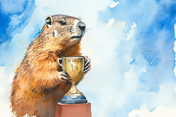 wondrous watercolor illustration of a groundhog holding a trophy. - obrazy, fototapety, plakaty