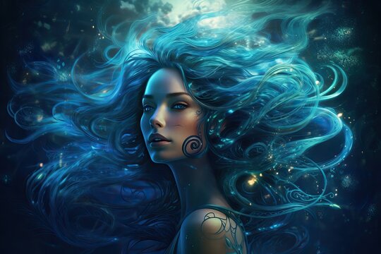 Illustration. Jellyfish woman with blue background, Aquarius