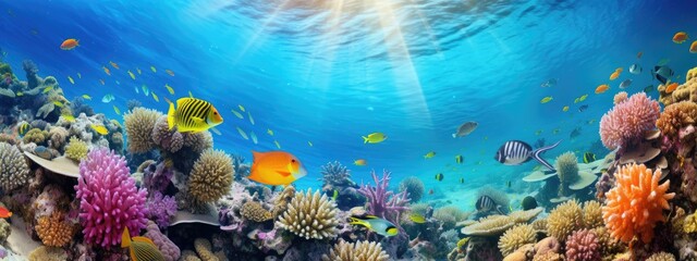 Naklejka na ściany i meble Underwater coral reef and sea life, beautiful vibrant, colorful sea and fish, diving and biodiversity concept