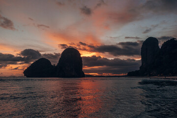 Aerial view of Phra Nang beach, Krabi, Thailand in wet season during sunset