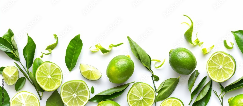 Wall mural Fresh lime fruits with the peel and leaves on a white background. - Wall murals