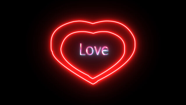 Neon, shiny realistic isolated love lettering with heart decoration text icon. Concept of happy valentine's day. Neon romantic sign on brick wall , colorful billboard, light banner.