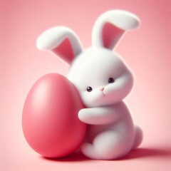Naklejka na ściany i meble Cute fluffy white Easter bunny hugs a pastel pink egg on a pastel pink background. Easter holiday concept in minimalism style. Fashion monochromatic composition. Copy space for design.