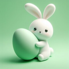 Obraz premium Cute fluffy white Easter bunny hugs a green egg on a green background. Easter holiday concept in minimalism style. Fashion monochromatic composition. Copy space for design.