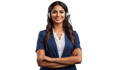 Portrait of a happy call center indian woman arms crossed isolated on a transparent background for consulting. Smile, customer support or service career with a young employee on PNG for telemarketing - obrazy, fototapety, plakaty