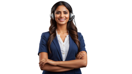 Portrait of a happy call center indian woman arms crossed isolated on a transparent background for consulting. Smile, customer support or service career with a young employee on PNG for telemarketing