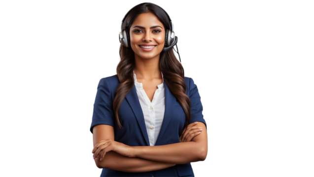 Portrait of a happy call center indian woman arms crossed isolated on a transparent background for consulting. Smile, customer support or service career with a young employee on PNG for telemarketing